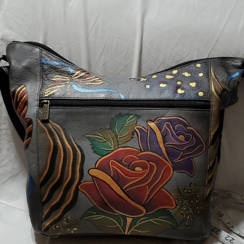 Anuschka Grey handpainted rose animal print safari hobo shoulder bag nwot